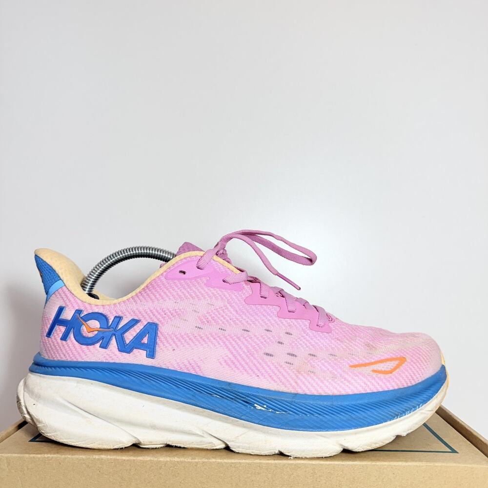 Hoka Clifton 9 Womens Size 11 Pink Blue Athletic Running Shoes Road Sneakers